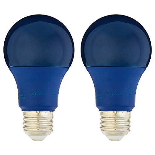 Amazon Basics A19 Blue Color Party LED Light Bulbs, 60W Equivalent, 9W Energy Efficient, E26 Standard Base, Non-Dimmable, 10,000 Hour Lifetime, 2-Pack by Amazon Basics - Used condition - US$4.89