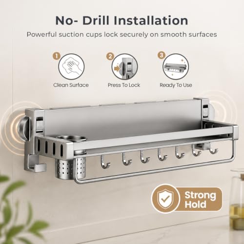 Image of HomeEssentials Aluminum Alloy Suction Cup Double Rack with Knife Holder | No-Drill Wall Mounted Kitchen Organizer | Heavy-Duty Vacuum Suction Storage Shelf | Rust-Resistant Spice & Utensil Rack