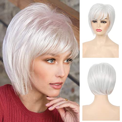 Baruisi Short White Wigs for Women Natural Layered Synthetic White Wig with Bangs Party Halloween Costume Cosplay Wig