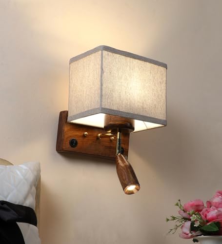 Image of Greenhouse Fully Handmade Sheesham Wood Wall Light Lamp | Khadi Fabric Shade with E27 Bulb Holder (Bulb Included) | Focus Light - 3W Warm White LED | Bedroom, Living Room, Hall, Office, Hotels