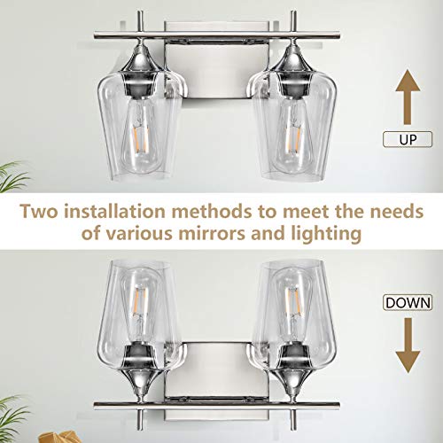 Image of Vanity Lights Fixtures 2 Light Bathroom Light Fixtures, Chrome Bathroom Lighting Fixtures Over Mirror with Clear Glass Shade Modern Vanity Lighting for Bath, Living Room, Bedroom