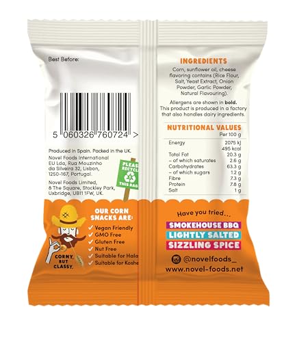 Indulge - Crunchy Corn Nibbles - Tex Mex Cheese Flavour - Gluten Free, Low Salt, Low Fat, Nut Free, Vegan - 20g x 8 bags (20g (Pack of 8), Tex Mex Cheese)