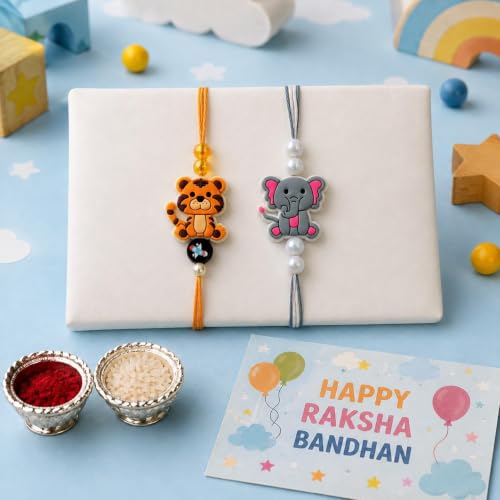 Image of CraftVatika Rakhi Set for Kids Brother, Rakhi Set of 2 for Brother Boys Baby Kids, Designer rakhis for Rakshabandhan Children Raki Set with Greeting Card, Tilak Set, for Premium RakshaSutra for Child