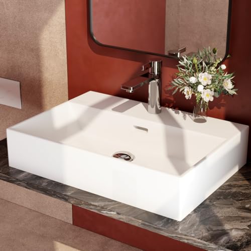 EMKE Lavabo Design Moderno – lavandino Sospeso in Ceramica con Bordo Sottile, Bagno e WC Ospiti,515x360x130 mm,Bianco Lucido, Lavabo Quadrato, Lavabo da Appoggio