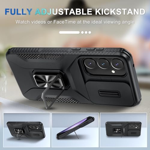 CASEJEEN for Samsung Galaxy A55 5G Case with Tempered Glass Screen Protector and Camera Lens Cover,Rotated Ring Stable Kickstand,Heavy Duty Shockproof Protective Phone Cover-Black