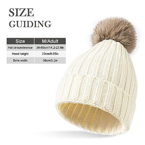 Image of Winter Hats for Women - Beanies Women Winter Hat with Faux Fur Pom Warm Knit Skull Cap Thick Beanie Hat White