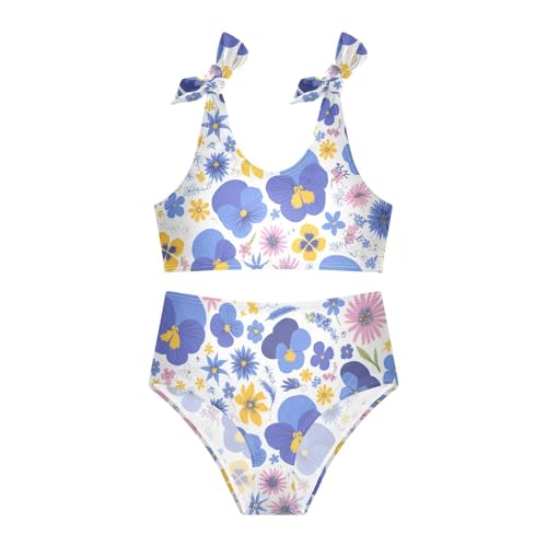KLL Garden Tricolor Pansy Flower Girls Two Piece Bikini Sets Scoop Neck Beach Swimsuit Bathing Suit3