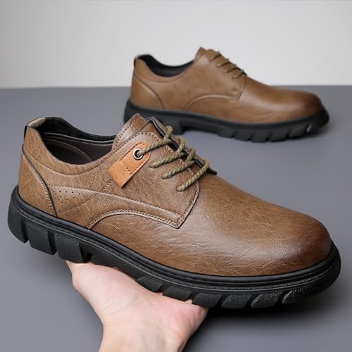 Mens Premium Leather Retro Classic Round Toe Dress Oxford Shoes Casual Lace Up Slip-On Anti-Slip Soft Sole Modern Business Formal Derby Sneakers for Daily Work Evening Party3