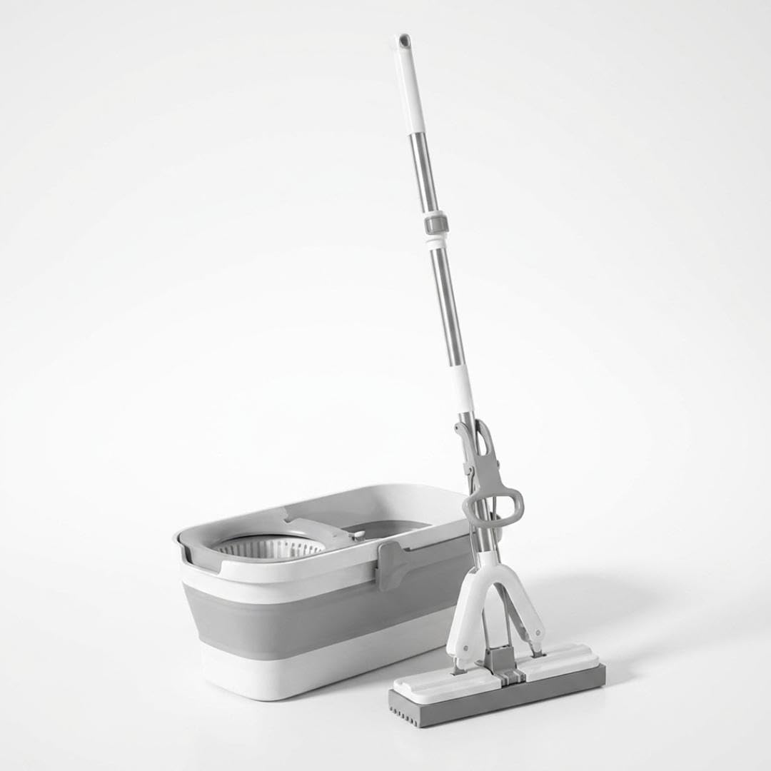 Gr8 Home Grey Heavy Duty Super Absorbent Pva Sponge Mop With Telescopic Handle Foldable Space Saving Folding Bucket Super Dry Floor Cleaning Set