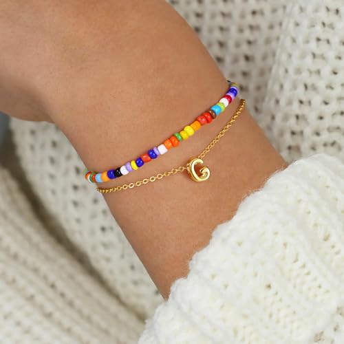 Image of Turandoss Colorful Bolo Initial Bracelet for Women - 18K Gold Plated Initial G Letter Colorful Beaded Link Charm Bracelet, Gold Jewelry for Women Gifts