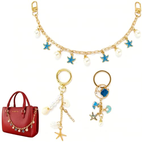 Chaîne de sac bohème mer perles bleues et étoile de mer pour pochette et téléphone
