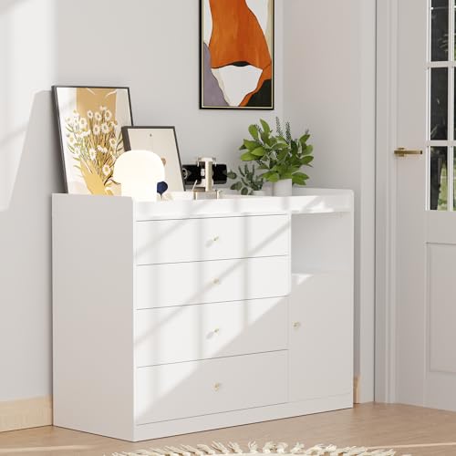 Image of 45.2 inch White Nursery Dresser with 5 Drawers and 1 Open Shelf Changing Table Dresser with Changing Table Top Diaper Changing Station with Storage for Nursery Children's Room