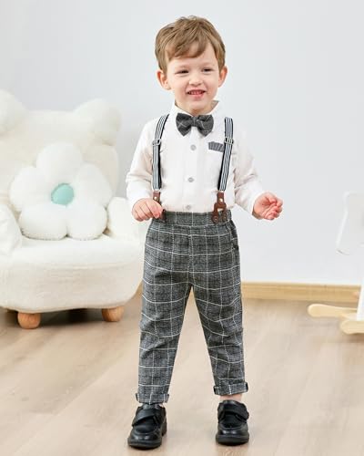 Image of YALLET Toddler Baby Boy Clothes Suit Gentleman Wedding Outfits Formal Dress Shirt+Bowtie+Suspender Pants