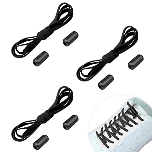 Scettar 3 Paar Elastische Schnürsenkel ohne Binden, Flache Schnürsenkel mit Metallkapselverschlüssen Universal-Schnürsenkel für Turnschuhe Erwachsene Kinder, Schwarz Cover