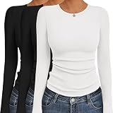 Picture of Ekouaer Women's Long Sleeve Shirts 3 Packs Crew Neck Stretchy Fitted Tops Ribbed Base Layer Soft Thermal Undershirts Tee Black/Black/White (3pcs) XS