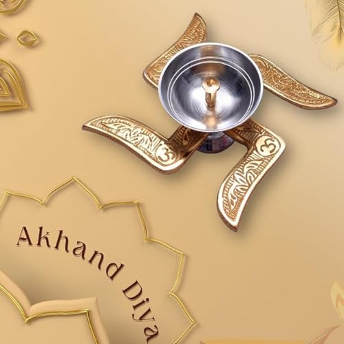 Image of Set of 2 Swastik Brass Akhand Diya and Silver Bowl with Gift Box, Gold & White Akhand Diyas Pooja Room Decoration, Return Gift & House Warming Gift