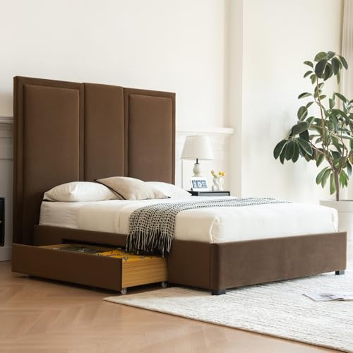 YUHUASHI Queen Storage Drawers Bed with 64" Upholstered Headboard?Brown; incomplete ( box 1/2 ) pick up one box 