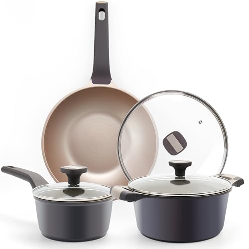 ASKSCICI Pots and Pans Set Nonstick, 6 Pcs Induction Kitchen Cookware Set, Non Stick Cooking Set with Wok and Saucepan, Stay-Cool Handles, Non Toxic & Dishwasher Safe