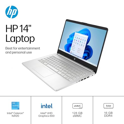 Image of HP 14 inch Laptop for Work & Study, Intel Celeron N4120, 16GB RAM, 128 GB eMMC, Intel UHD Graphics, Lightweight & Portable, Windows 11 Pro & Microsoft Office Lifetime License