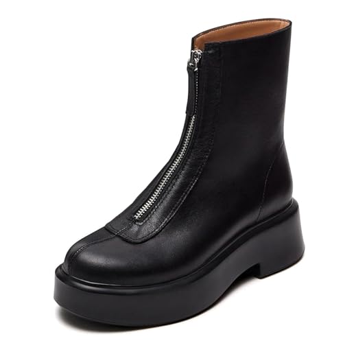 Black Platform Ankle Boots for Women Chelsea Block Heel Booties with Zipper Comfortable Casual Dess Short Round Toe Combat Boots Winter Snow Leather Mini Boots