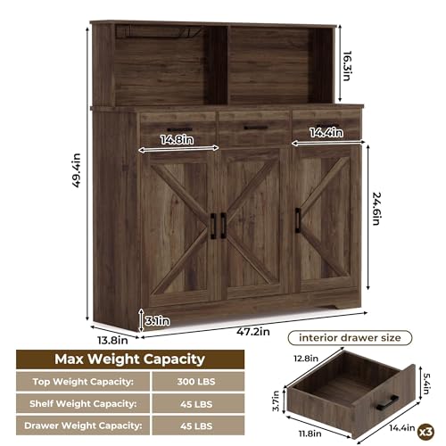 GarveeHome Farmhouse Sideboard Buffet with Microwave Stand, Barn Doors Buffet Storage Cabinet with Drawers and Shelves, Wood Coffee Bar Cabinet for Kitchen, Dining Room, Living Room, Brown