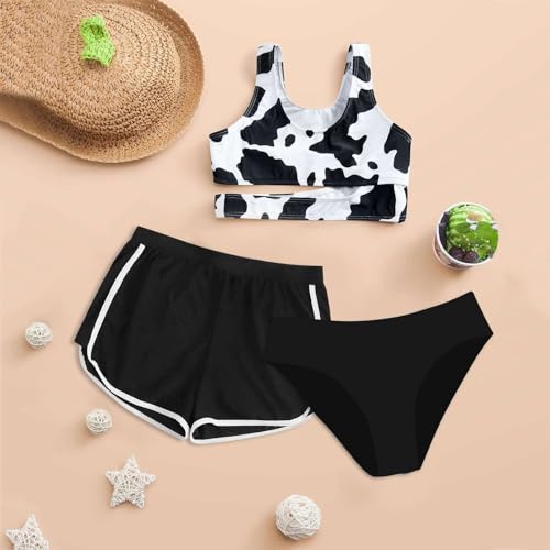 Teen Girl Swimsuit 3 Piece Tankini Bathing Suits for Girls Bikini with Shorts Cow Print Cute (2-Black, 8-10 Years)3