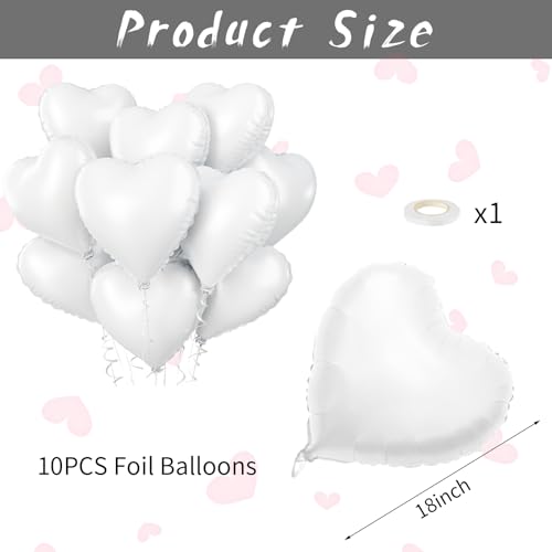 Image of Biapian White Heart Balloons Helium, 10PCS White Foil Heart Shape Balloons Valentines 18inch Metallic White Foil Balloon for Helium Valentine Decorations for White Wedding, Brithday Party, Anniversary