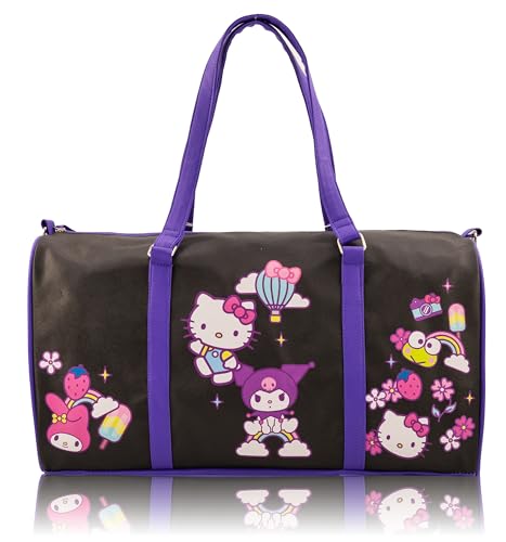 Sanrio Kuromi & Hello Kitty Duffle Bag for Girls | 16 Travel Bag with Kuromi My Melody & Hello Kitty | Overnight Weekender Bag with Shoulder Strap | Ages 3+