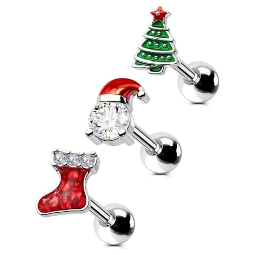 OUFER 16 g 3 st jul helix dubbar pack tragus piercing smycken brosk öron piercing snäcka ring örhänge för toppen av örat framåt helix kartong örhängen kvinnor gåvor, Legerat stål