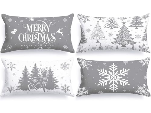Lanpn 12x20 Grey Christmas Lumbar Pillow Covers Set of 4, Christmas Decorations Pillowcase, Winter Decorative Pillow Case, Merry Christmas Tree Cushion for Indoor Home Bedroom Sofa Xmas Couch Decor