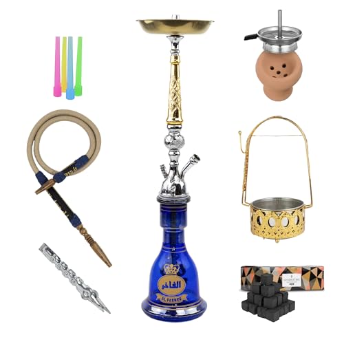 Shisha Traditionnelle Al Fakhir 70 cm | Chicha Artisanale en Laiton Doré avec Charbon Coco bration 1kg, Porte-Charbon Doré et 50 Embouts Jetables | Set...