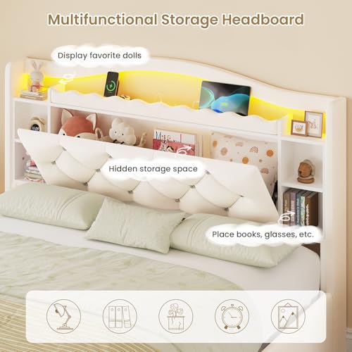 Image of DICTAC Full Size Bed Frame for Kids with 4 Storage Drawers, Bookcase Headboard, LED Lights and Power Outlets, Diamond Tufted Velvet Upholstered Princess Platform Bed, Heavy-Duty Metal Support, Beige