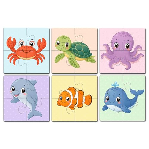Image of Wooden Jigsaw Puzzle Set of 6 for Kids Age 2-6 Years | Pack of 6 Puzzles with 4 Pieces Each | Toddler Learning Educational Toy | Mixed Themes Puzzle for Boys & Girls (Ocean)