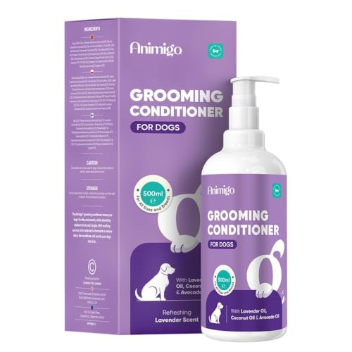 Balsamo per toelettatura per cani Animigo – Balsamo nutriente con lavanda, cocco e olio di avocado – Districante e ammorbidente per il pelo di tutti i cani e le razze – 500 ml