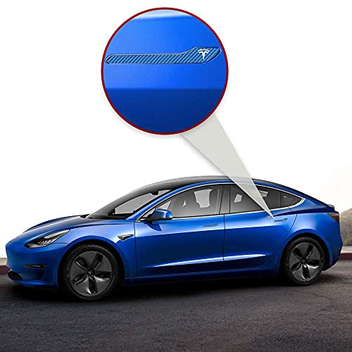 Image of IPG Compatible for Model 3 / Model Y /Juniper Door Handle Decal Sticker Wrap Kit (Set of 4) with Tesla Logo Personalize Your Tesla (Deep Blue Carbon Fiber)