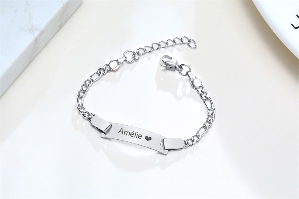 Bracelet Personnalisé Gourmette Bébé Filles - Mignon Charm Bracelet Chaîne Figaro Réglable Gravé Prénom Bracelets Bijoux Enfants Cadeaux Anniversaire Baptême Première Communion Noël