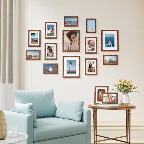Image of Vittanly 15 Pack Picture Frames Collage Wall Decor for Mounting or Tabletop Display, Gallery Frame Set for Family, Multi Sizes Including 3pcs 8x10, 6pcs 5x7, 6pcs 4x6, Rustic Brown