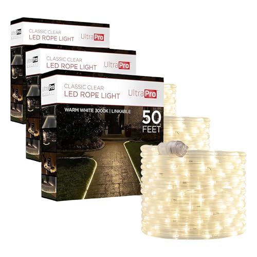 Image of UltraPro LED Rope Lights, 50ft Classic Clear Rope, Warm White Light 3000K, Indoor /Outdoor, Flexible, Linkable, Durable, Rope-Lights Outdoor, 54505 (Pack of 3)
