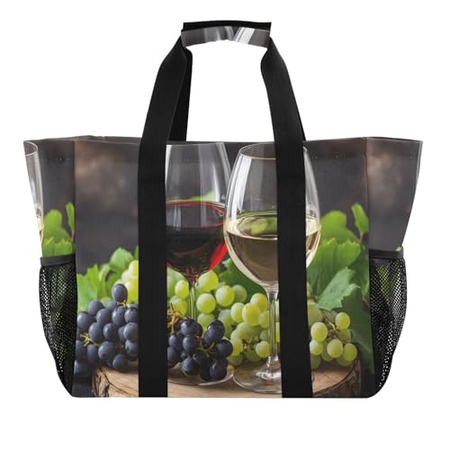 Large Waterproof Travel Tote Bag for Women Men, Red Wine Grapes Leaves Canvas Beach Bag with Lining & Pockets - Reusable Grocery/Laundry/Kitchen/Pool/Picnic Tote (15.4x9.8x12.8in)