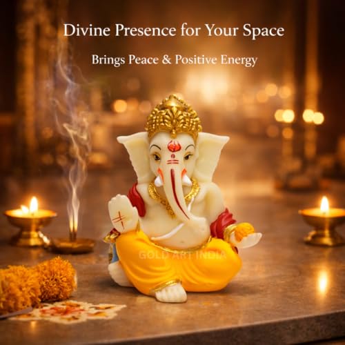 Image of Gold Art India Gaddi Ganesha Idol 3.5 inch - Ivory Multicolour Ganpati Murti with Golden Jewelry | Hand-Painted Polyresin Ganesh Idol for Car Dashboard, Home Temple, Office Desk Decor