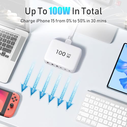 100W GaN USB C Fast Charger Block Compact 6 Port GaN Charging Station HUB Brick Portable Wall PD Charger Power Adapter for iPhone 15 14 13 12 Pro Max iPad Pro Air Samsung Galaxy Pixel LG