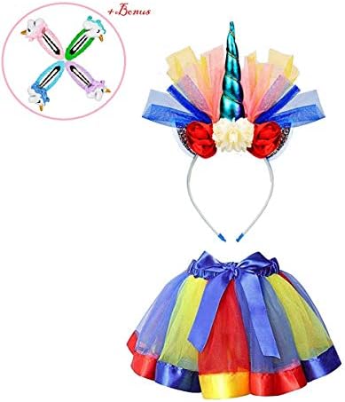 Girls Rainbow Tutus Layered Unicorn Skirt Tulle Costume for Kids Dress up with Unicorn Headband