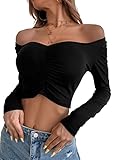 SheIn Damen Crop T-Shirt Bauchfrei Oberteile Herzausschnitt Langarmshirt Pullover Cropped Tops Langarm Shirt Schwarz S