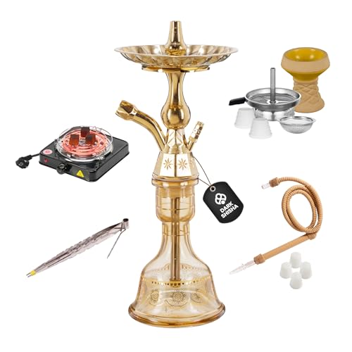 Dark Shisha Cachimba Tradicional Luna Ámbar 44,5 cm | Set Completo con Manguera Tradicional, Cazoleta de Piedra, Chimenea, Pinza y Juntas (Cachimba + Hornillo)