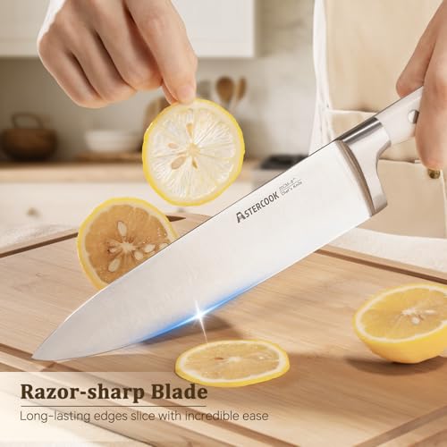 Image of Astercook Knife Set, Kitchen Knife Set with Block and Sharpener, 12 Pcs Ultra-Sharp High Carbon Stainless Steel Knife Block Set with Non-Slip Full Tang Ergonomic Handle, Cream White Cutlery Set