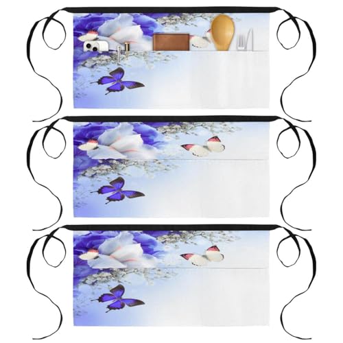 Tablier court de chef pour cuisine et pâtisserie au motif hortensias bleus