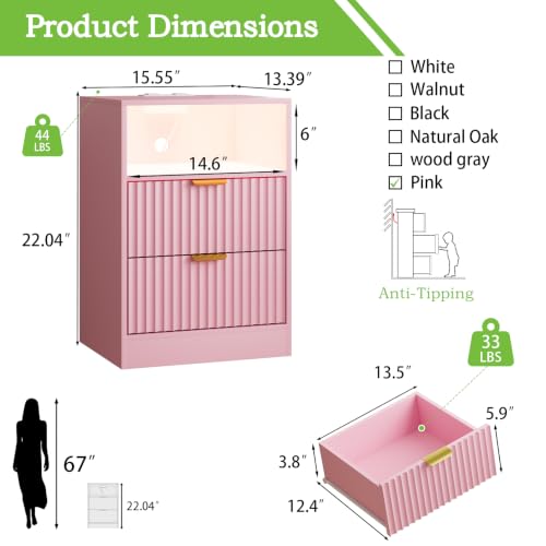 Image of Night Stand Set 2, LED Nightstand with Charging Station, Fluted Nightstands Set of 2 with 2 Drawers, Wood Side Table End & Bedside Tables for Bedroom Sofa Office, Pink
