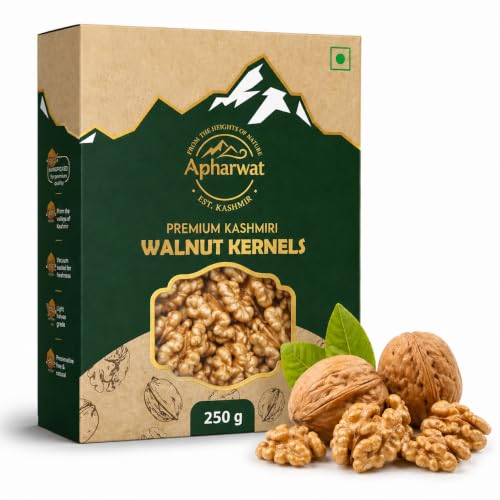 Image of Apharwat Kashmiri Walnut Kernels Without Shell | Light Halves Grade | 250g | Single Origin Kashmir | Vacuum Sealed + Oxygen Absorber | Akhrot Giri | Source of Natural Plant Oils | Fresh Crop