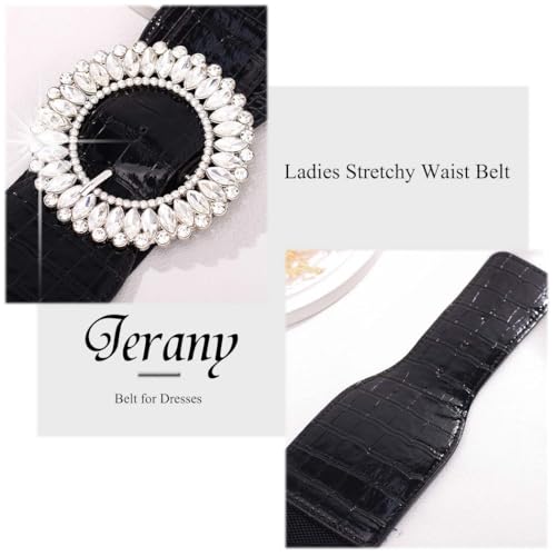 Rhinestone Belts for Women Wide Elastic Belt for Dresses Black Stretchy Waist Belt with Crystal Buckle3
