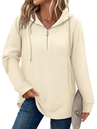 onlypuff Women Hoodie Pullover Trendy Quarter Zipper Lapel Sweatshirts Drawstring Cute Hooded Tunic Tops with Side Pockets